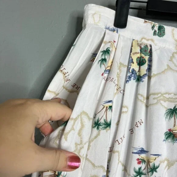 Vintage Full Button Midi Skirt Tropical Map Ocean Voyage Print w/ Pockets L - Picture 5 of 7
